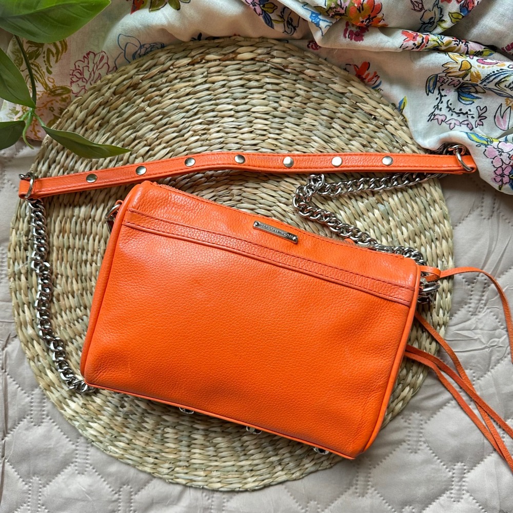 Rebecca Minkoff Mini MAC Crossbody Bag Orange Pebbled Leather Silver Hardware - Picture 2 of 10
